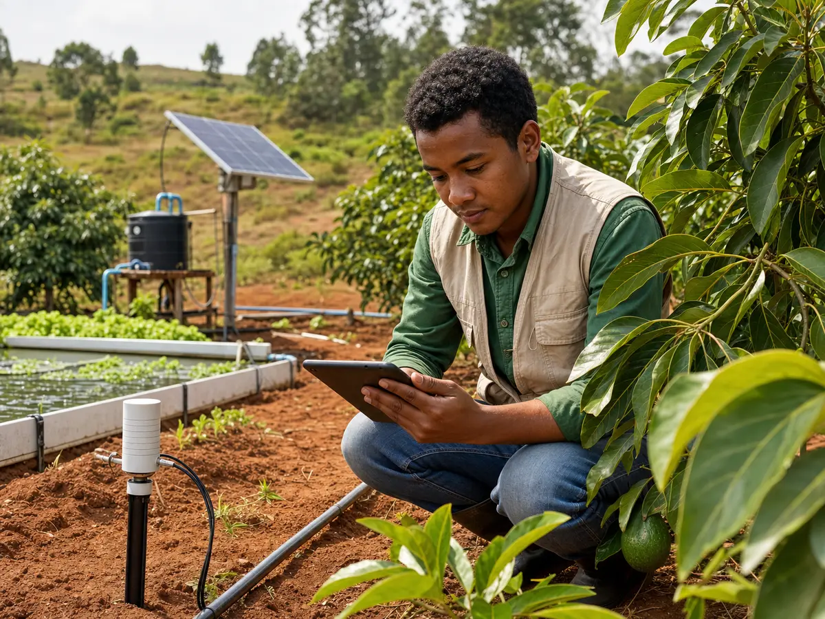 Agronome HAIKA contrôlant des capteurs IoT dans une ferme durable